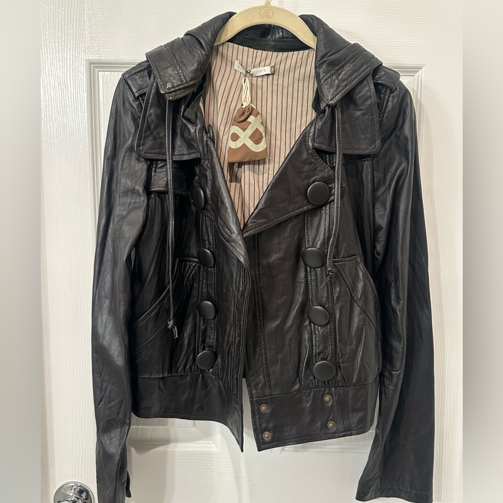 Mike & Chris dark brown Lamb Leather Button-Front hooded Jacket